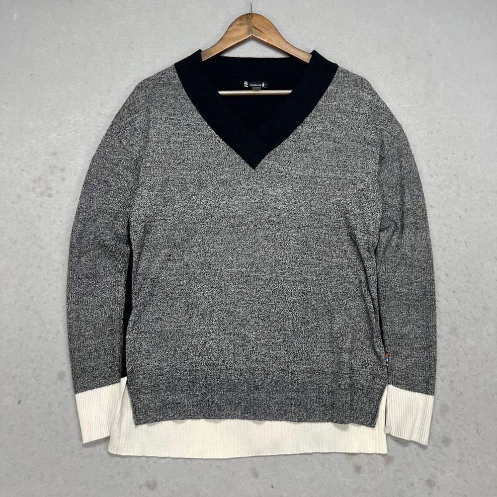 Smartwool Womens M Merino Wool 250 Colorblock V-Neck Sweater Grey Black Cream
